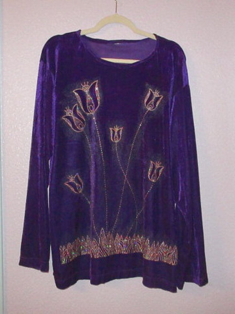 Vtg 80s Crushed Velvet Tunic Top Size 2X Floral Gold Glitter Purple Whimsigoth